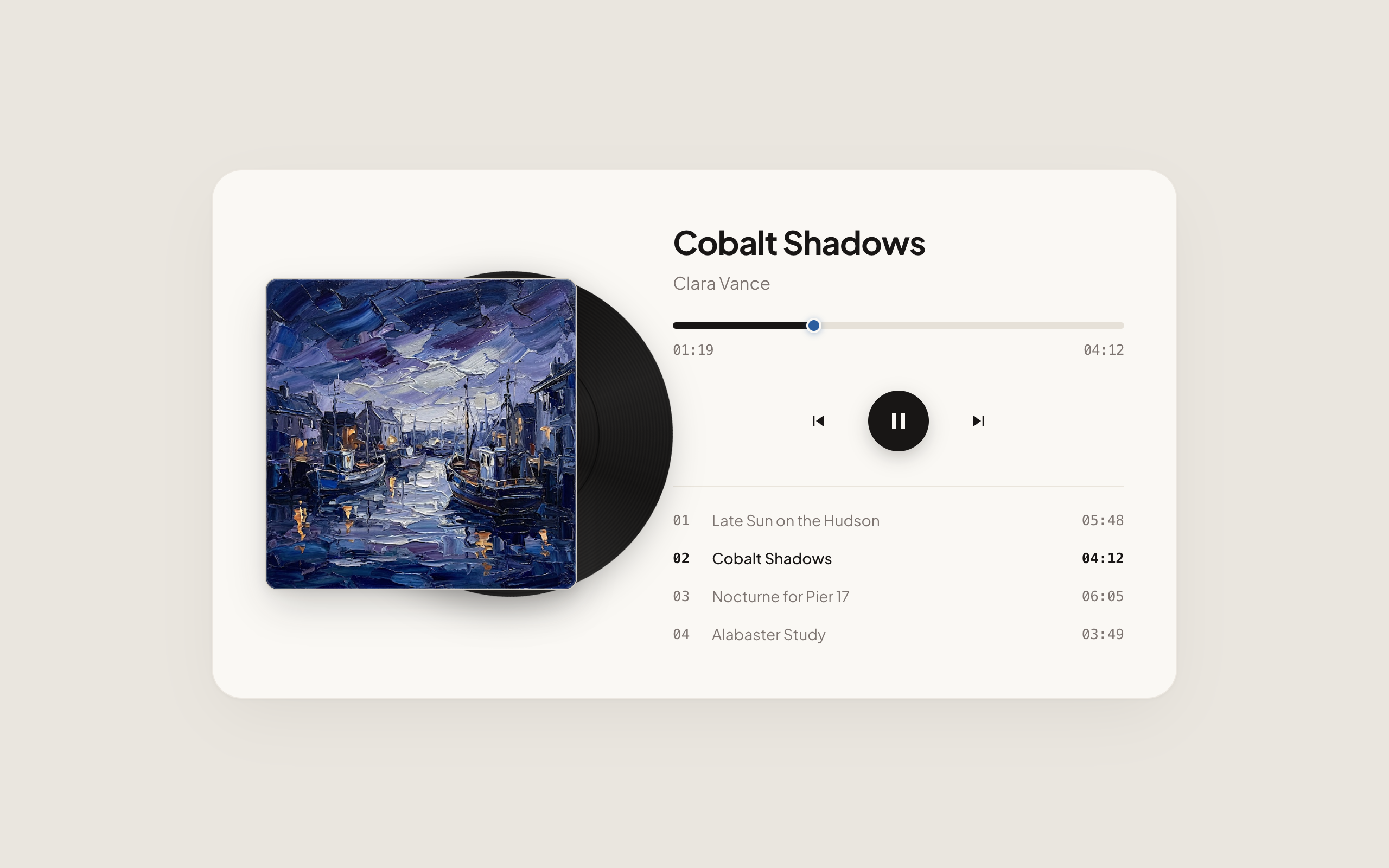 Interactive music player switched to Track 02 (Cobalt Shadows) with twilight harbor impasto artwork and deep cobalt vinyl accents