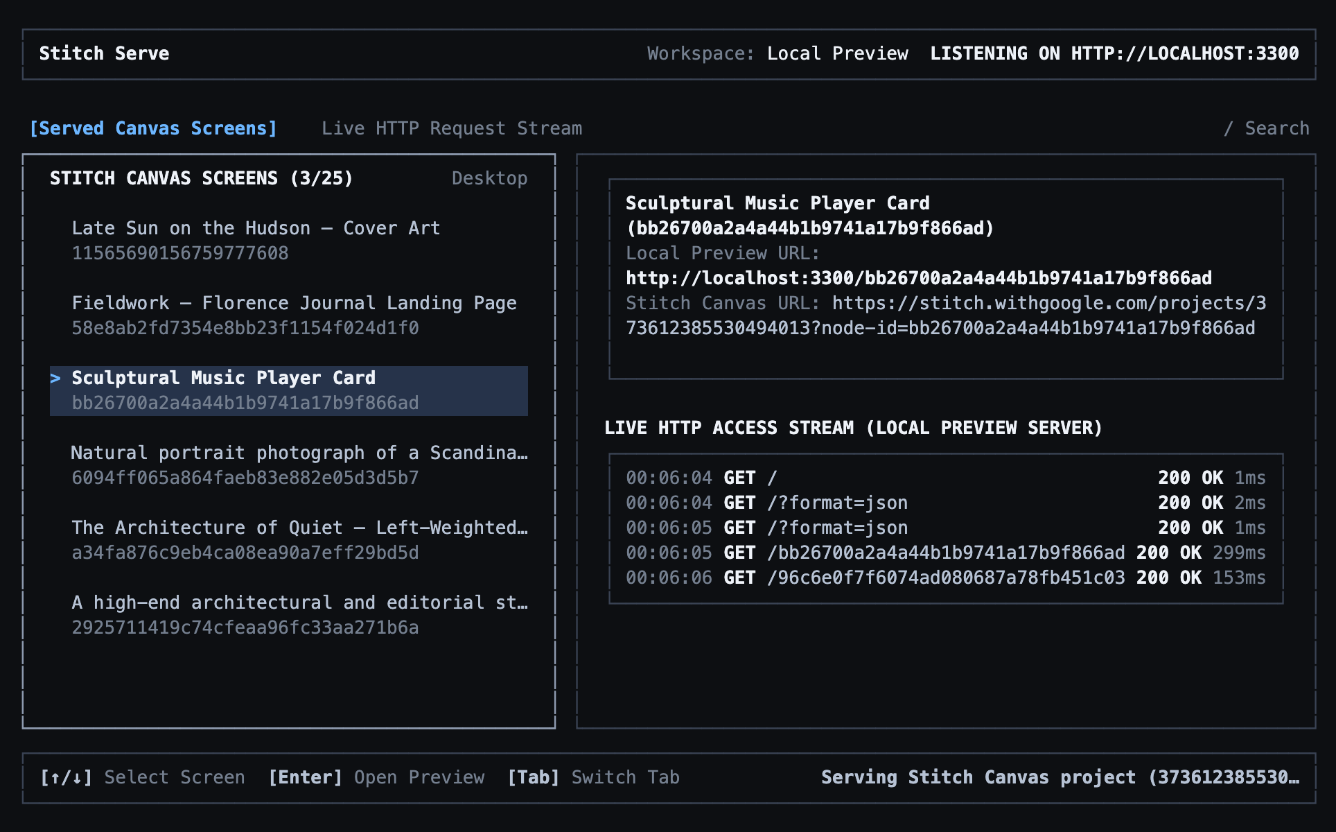 Stitch Serve terminal workbench serving the Sculptural Music Player Card on localhost:3300